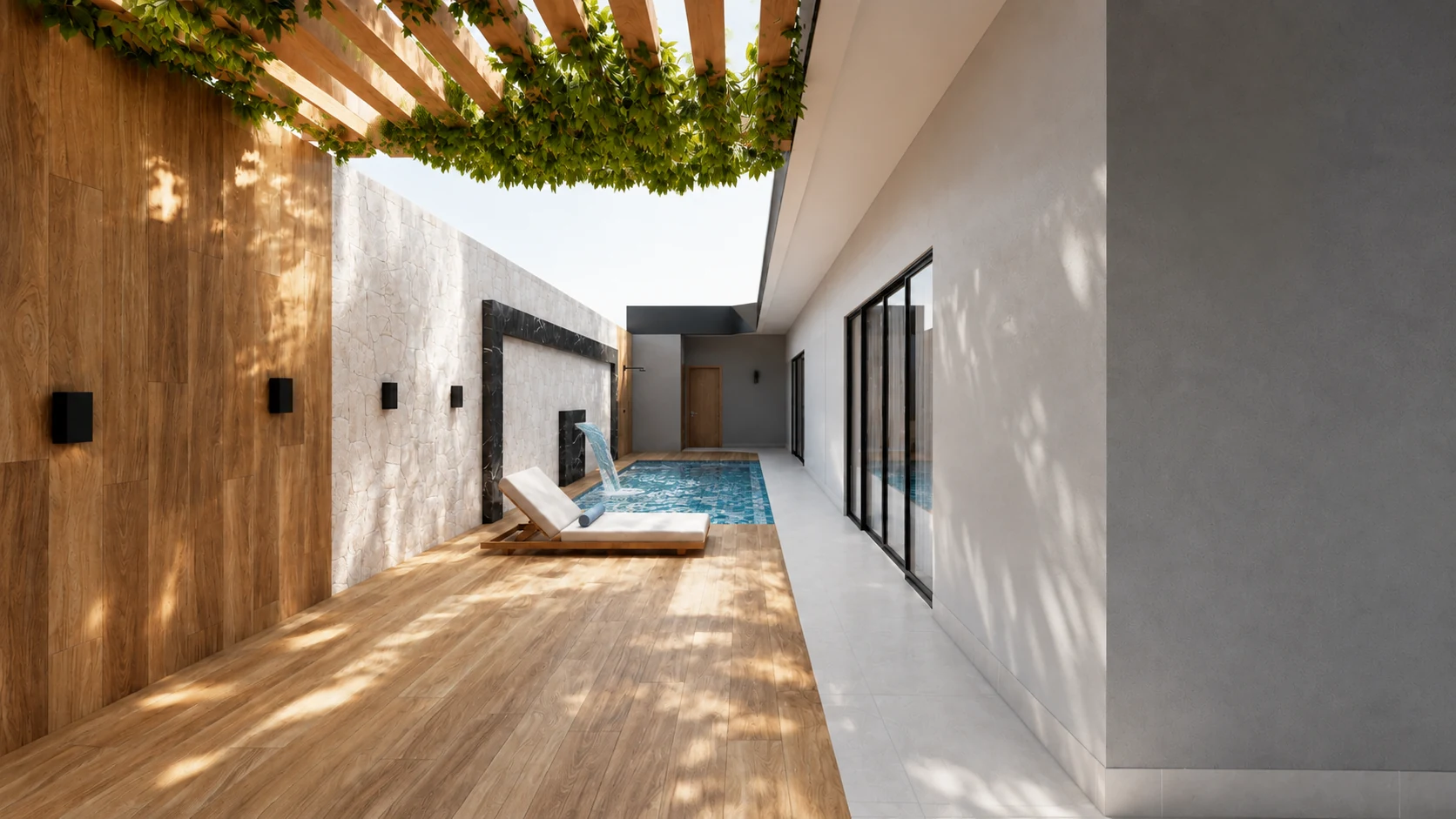 Pátio com piscina, pergolado de madeira, vegetação e luz natural